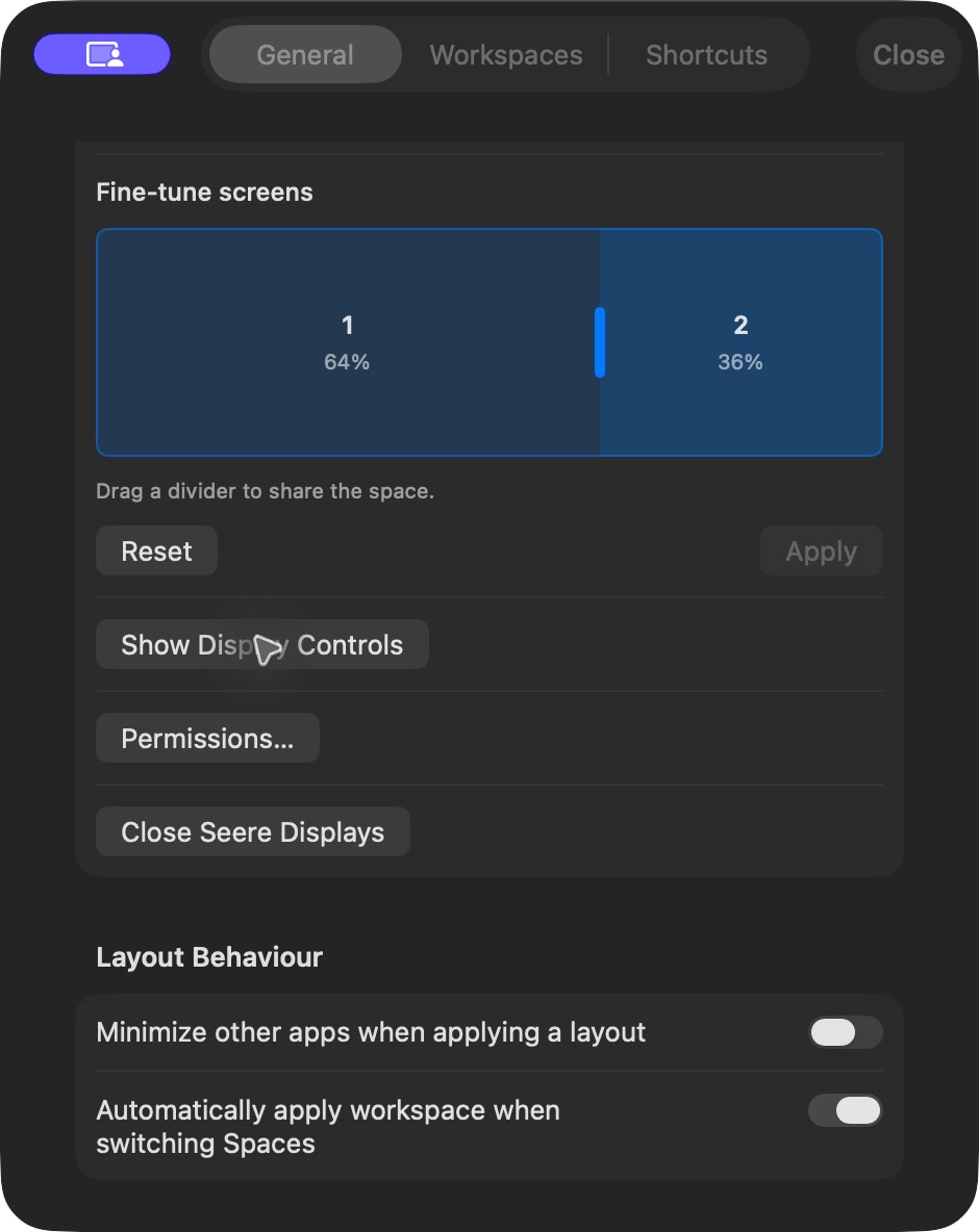 Actual Seere Settings showing a saved 64 / 36 desktop split