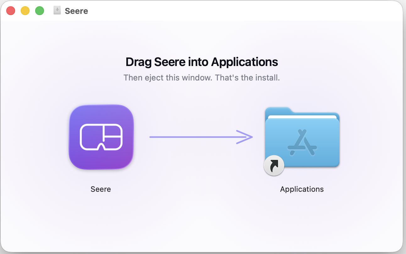 The Seere installer window: drag the Seere icon onto the Applications folder.