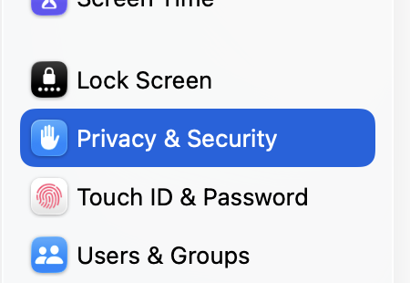 System Settings with Privacy and Security selected in the sidebar.